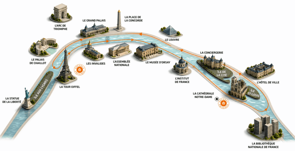 Schéma du parcours de la croisière sur la Seine avec les principaux monuments