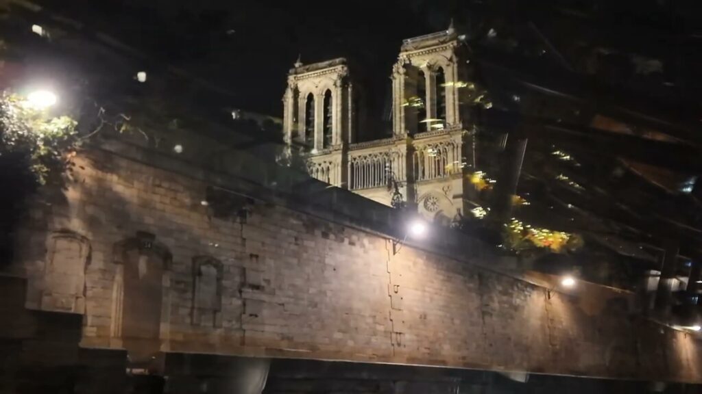 Vue nocturne de Notre-Dame illuminée depuis une croisière sur la Seine